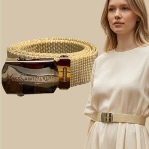 Vintage Yves Saint Laurent YSL Gold Logo Buckle Woven Belt 42”